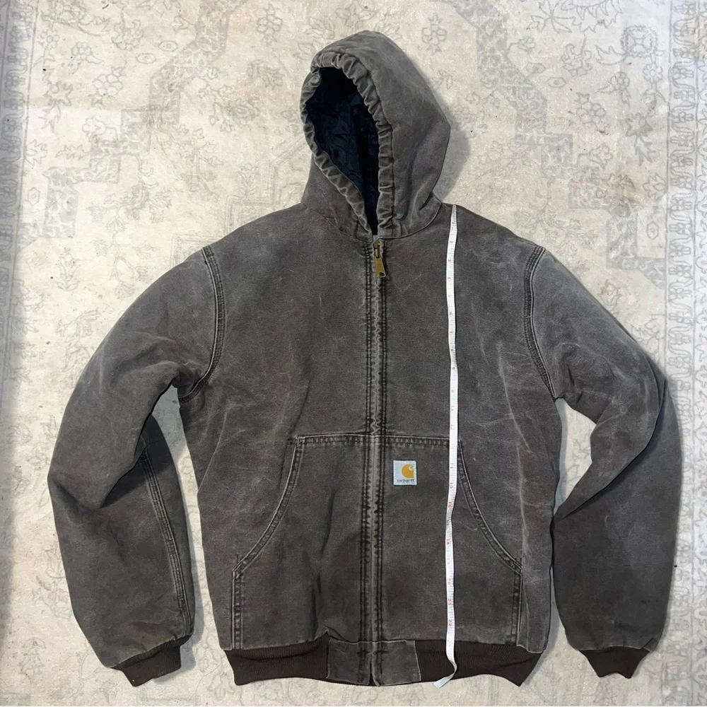 VTG Carhartt Youth YYJ130 DKB Canvas Full Zip Jacket Hooded Chore Work Coat XL - Picture 2 of 8